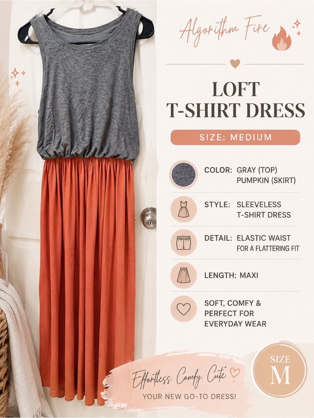 LOFT Gray+Pumpkin Sleeveless Maxi Dress Elastic Waist Boho|Comfy T-Shirt Dress